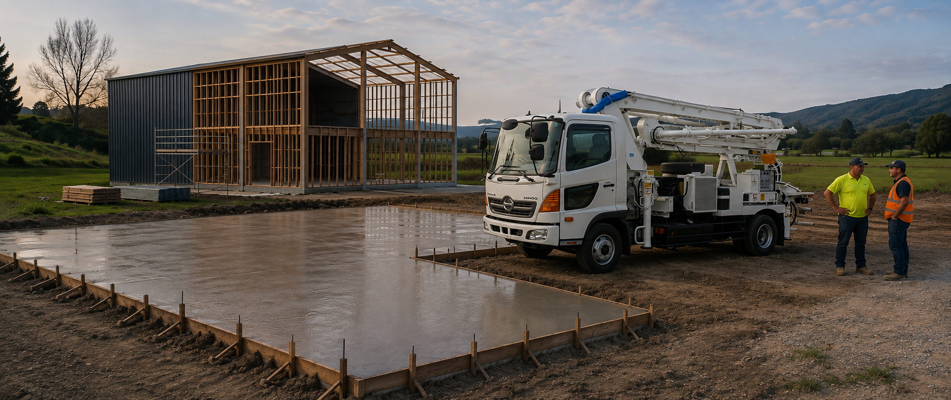 Concrete boom pump truck on a New Zealand rural dairy shed build, with Shaun discussing the machine with the owner